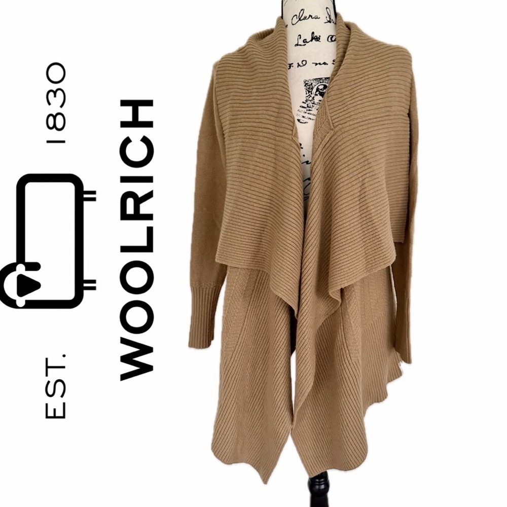 Woolrich‎ Camel Draped Cardigan Wool Blend Open Front Sz S Cottage Granola Core